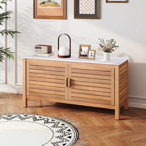 Outdoor Patio Storage Cabinet With Faux Marble Top Two Door Acacia Wood Console Sideboard in indoor decor setting