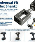 Universal Fit 1/4" hex shank for drills and drivers, shown with various tools for Heavy-Duty Wire Twister Tool For Drill.