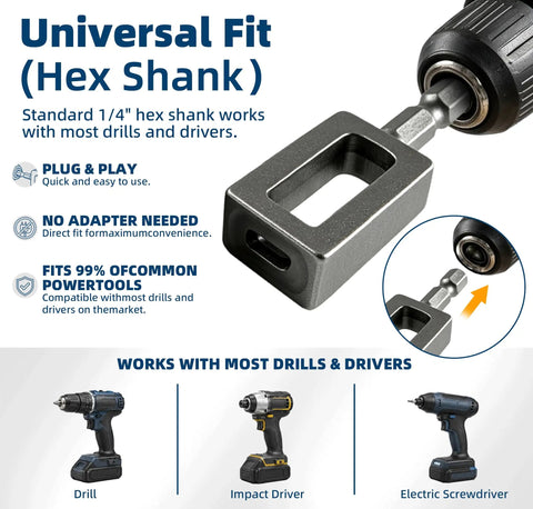 Universal Fit 1/4" hex shank for drills and drivers, shown with various tools for Heavy-Duty Wire Twister Tool For Drill.