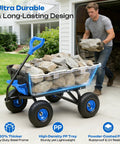 Man loading stones onto a 900 Pound Capacity Garden Dump Cart With 10 Inch Non Slip Pneumatic Tires Built Tough Heavy Duty 4 Wheel Wheelbarrow Cart Quick Release System Steel Frame Wagon For Yard Farm Garden Hauling