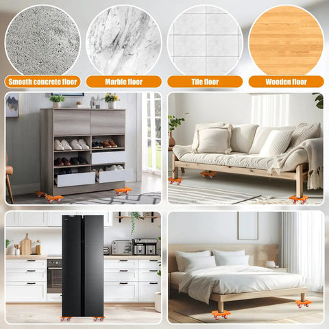 Heavy Duty Furniture Movers And Rolling Dolly Kit Built For Brutally Heavy Loads under various furniture on multiple floor types.