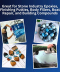 Collage of Blue Cream Epoxy Hardener 4 Oz Bulk Pack for stone industry applications, marine and building repair projects.