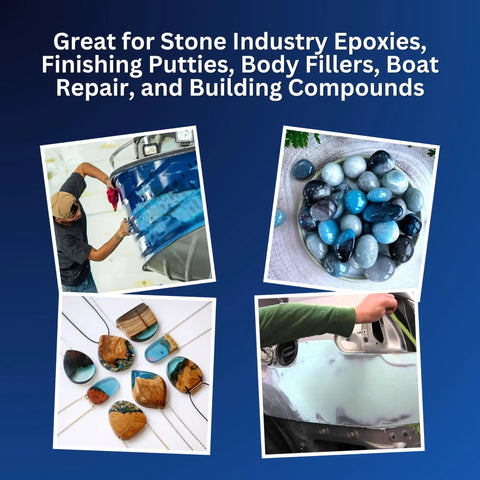 Collage of Blue Cream Epoxy Hardener 4 Oz Bulk Pack for stone industry applications, marine and building repair projects.