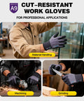ANSI A9 Cut Resistant Work Gloves With BCOMB Breathable Grippy Fabric in use for material handling, machining, and grinding.