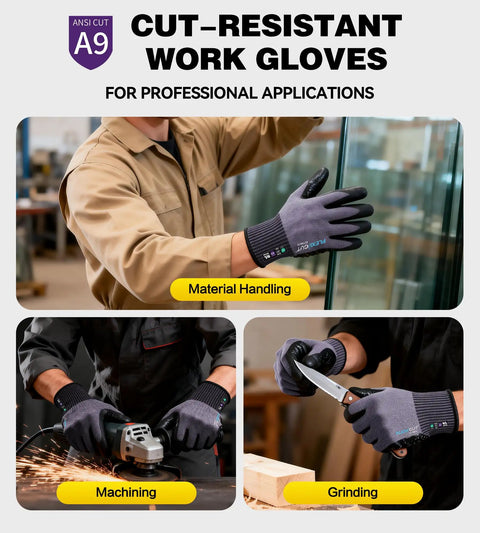 ANSI A9 Cut Resistant Work Gloves With BCOMB Breathable Grippy Fabric in use for material handling, machining, and grinding.