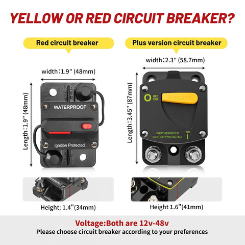 Beefy 300A DC Circuit Breaker Switch Manual Reset For 12-24V Systems, red and yellow versions side by side, showing dimensions.