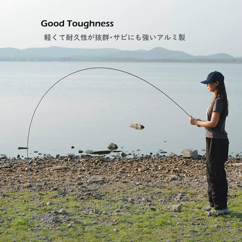 Person demonstrating flexibility of heavy duty aluminum tent poles replacement set for go to camping quick repair pre assembled rods.