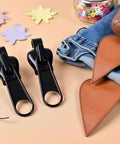 Six Black Zipper Sliders Replacement Kit For Quick Fixes On Jackets Backpacks And Clothes Instant Zip Repair Pack With Universal Fit And Easy No Sew Upgrades Grab And Go, shown with fabric and decorative items