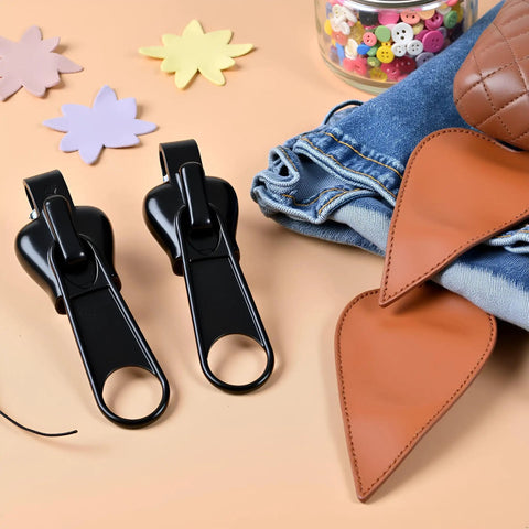 Six Black Zipper Sliders Replacement Kit For Quick Fixes On Jackets Backpacks And Clothes Instant Zip Repair Pack With Universal Fit And Easy No Sew Upgrades Grab And Go, shown with fabric and decorative items