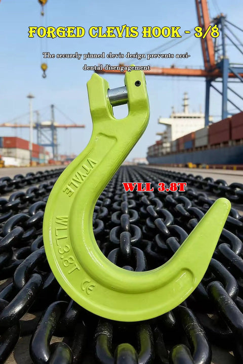 Three Eighths Inch Clevis Foundry Hook With 8377 Lbs Working Load Limit For Beefed Up Heavy Duty Lifting Grade 80 Alloy Steel Forged Construction Ideal For G80 Transport Binder Chain And Binder 1 Pack Ready To Use Rigging Set, green clevis hook on chain
