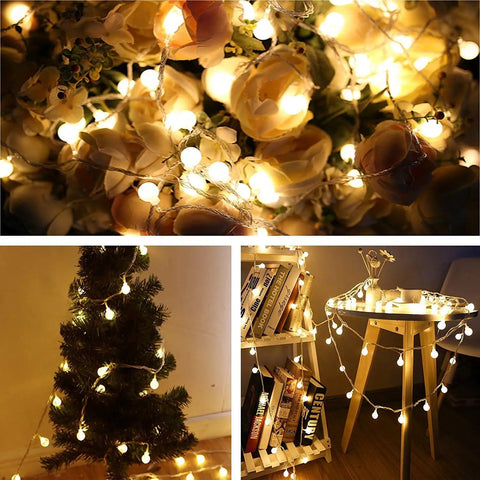 Globe String Lights With 49.2 Feet Total Length, 100 Warm White LEDs, 8 Remote Modes, IP44 Waterproof used in flower decor, tree, table.