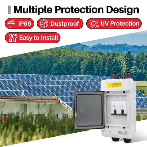 Beefy Solar Panel Disconnect Switch 125A 1000VDC Two Pole Outdoor DC Shutoff Box With Weatherproof UV Proof Housing open view