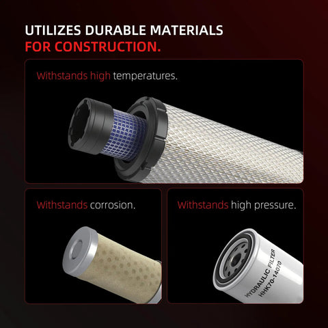 Multiple filters from Kubota Tractor Filter Kit For L3301HST And L3901HST D1803 Engine, showcasing durability features.