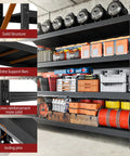 Beefy 5000 Lb Garage Shelving Unit, Extra Wide 71 Inch W by 24 Inch D Steel Shelves, Heavy Duty Adjustable Industrial Shelving for Garage and Warehouse, Black, loaded with tools and storage boxes, highlighting solid structure, support bars, and locking pins.