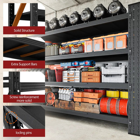 Beefy 5000 Lb Garage Shelving Unit, Extra Wide 71 Inch W by 24 Inch D Steel Shelves, Heavy Duty Adjustable Industrial Shelving for Garage and Warehouse, Black, loaded with tools and storage boxes, highlighting solid structure, support bars, and locking pins.