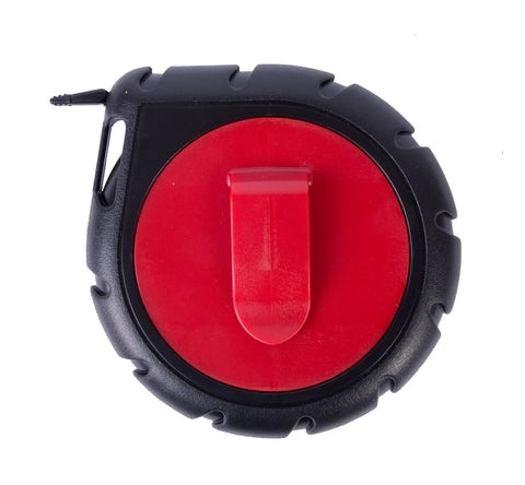 Top view of Mini Cable Snake 15 Ft Steel Fish Tape for electrical wiring with red and black housing, compact and rugged design.