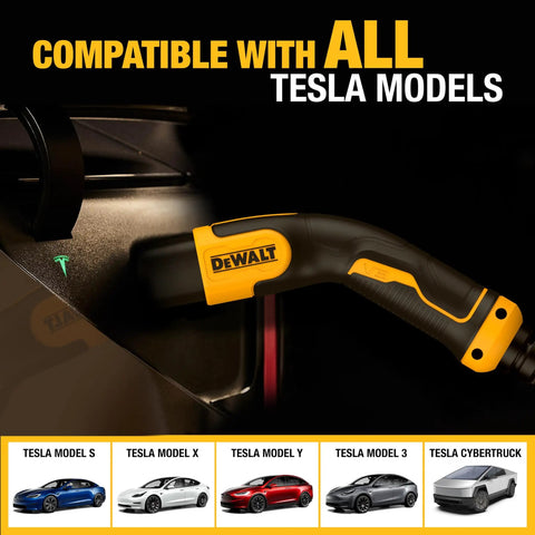 On The Go Portable EV Charger For Tesla Level 1 And 2, 12 To 16 Amp in use, compatible with all Tesla models, close-up view.