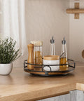9 Inch Wooden Lazy Susan Turntable Organizer For Cabinets And Kitchen Countertops 360 Degree Rotation holding spice jars on counter