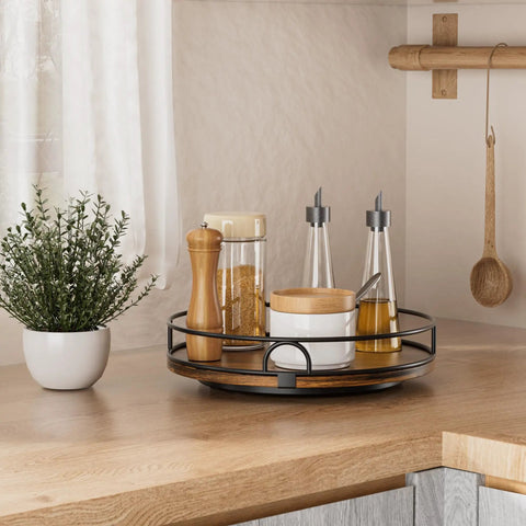 9 Inch Wooden Lazy Susan Turntable Organizer For Cabinets And Kitchen Countertops 360 Degree Rotation holding spice jars on counter
