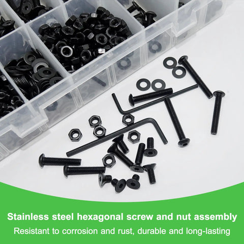 1652 Piece 410 Stainless Steel M3 M4 Screw Kit For 3D Printers And Mechanical Projects With Allen Head Flat Head Button Head Bolts Nuts Washers And Mini Tools Comprehensive Hardware Set, black screws, nuts, washers, and hex keys