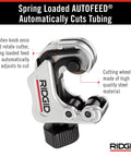 Compact Auto Feed Tubing Cutter For Tight Spaces, 1/4 To 1-1/8 Inch showing self feeding wheel and knurled screw