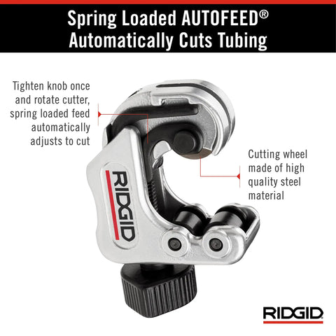 Compact Auto Feed Tubing Cutter For Tight Spaces, 1/4 To 1-1/8 Inch showing self feeding wheel and knurled screw