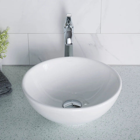 Round Vessel White Porcelain Ceramic Bathroom Sink 14 Inch Durable Scratch Resistant Nonporous Glazed Finish Easy To Clean
