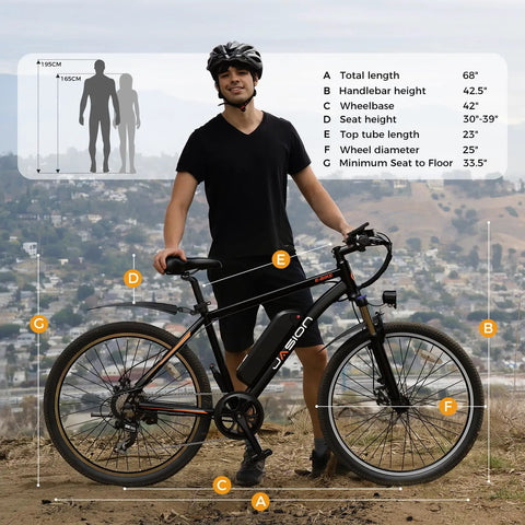 Man standing with Electric Mountain Bike For Adults With 1000W Peak Motor and 20 MPH Top Speed, 26 Inch Front Suspension.