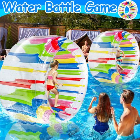 Kids playing with 65 Inch Giant Inflatable Wheel Roller Pool Toy For Kids Ages 6 And Up in a pool, colorful stripes visible