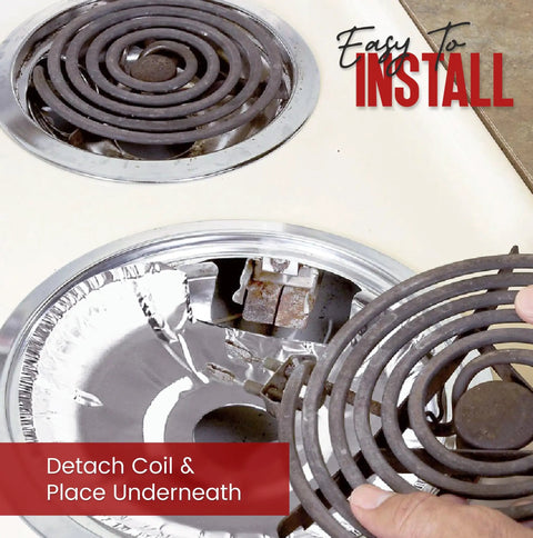 Person installing Heavy Duty Disposable Stove Burner Liners Pack For Electric Stoves, fits under coil for mess free cleanup.