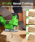 Straight Up Compact Cordless Jigsaw Kit With Dual 2.0Ah Batteries Rapid Fire Charging And Nine Snap Swap Blades For Effortless Trim Woodworking And Quick Lumber Cuts No Sweat, cutting wood at various bevel angles.