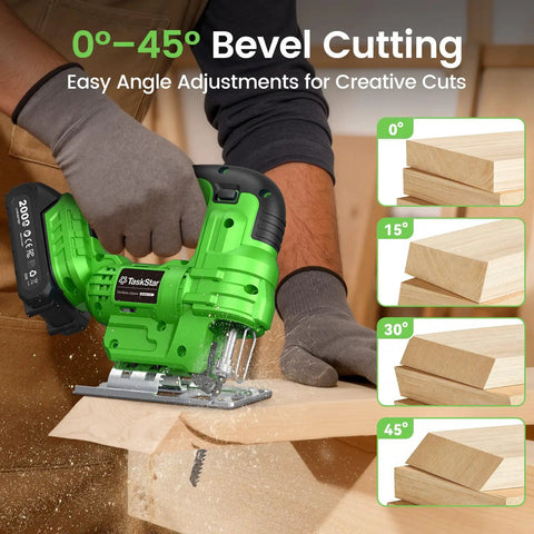 Straight Up Compact Cordless Jigsaw Kit With Dual 2.0Ah Batteries Rapid Fire Charging And Nine Snap Swap Blades For Effortless Trim Woodworking And Quick Lumber Cuts No Sweat, cutting wood at various bevel angles.