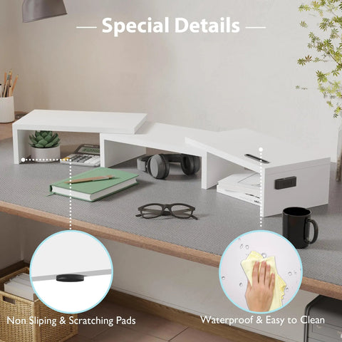 Dual Monitor Stand With Smartphone Holder For Your Setup Adjustable Length From 31 Point 5 To 42 Point 5 Inches Swivel Angle Ergonomic Wooden Desk Organizer For PC Monitor Laptop And Printer White, showing non-slip pads and cable management in a home office setting.