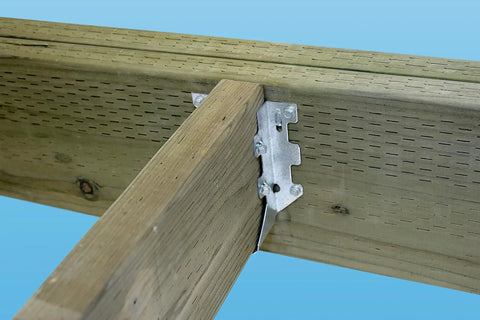 Pro Level Hex Connector Screws With Galvanized Coating And Quick Drive Bit Rigged Up To Beat Standard Nails For Deck Framing Roof Trusses And Seasonal Makeover Projects Heavy Duty Pack Of Five Hundred Units securing wooden beams with metal connectors.