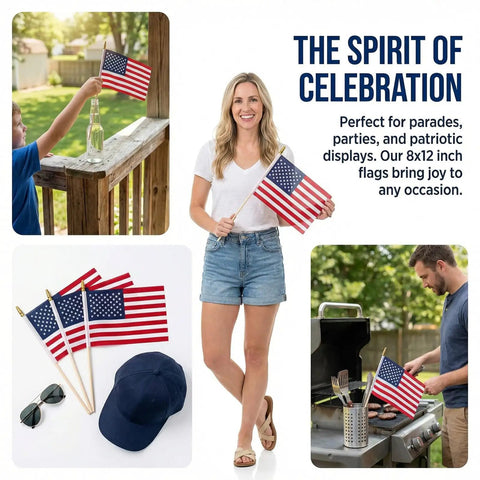 People celebrating with 12 Pack 8x12 Inch All American Flags On Sticks With Wood Poles And Kid Safe Spear Tops For Memorial Day Fourth Of July Parades And Patriotic Displays For Festivals And Community Events