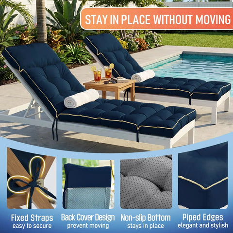 Outdoor Chaise Lounge Cushion With Memory Foam Replacement For Patio Pool Lounge Chair Pad With Ties 74 By 22 By 4 Inches Oxford Blue Cozy Plush Comfort For Outdoor Furniture shown on two loungers by a pool.
