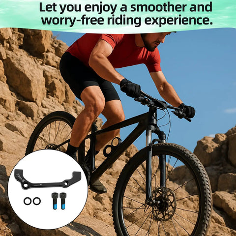 Cyclist riding MTB with Post Mount Disc Brake Adapter Kit For Front 180mm Rear 160mm Conversion Caliper Mount Spacers For MTB And Road Bikes Easy Plug And Play Brake Upgrade Today pictured