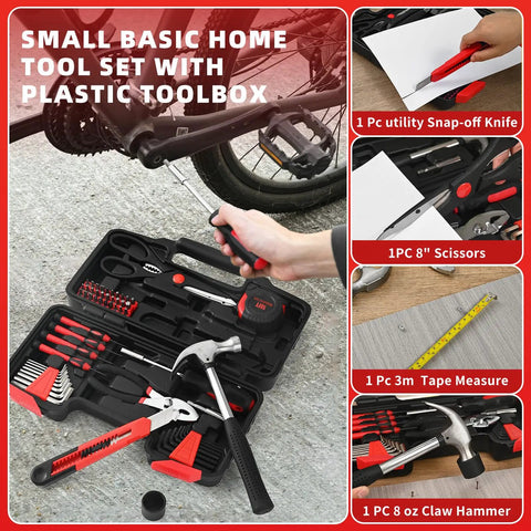 58 Piece Home Repair Tool Kit For Quick Fixes And Everyday Projects, Handy Small Plastic Toolbox Set with laid out tools
