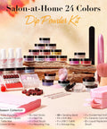 Dip Powder Nail Kit With Portable Electric Drill 24 Color Dip Powder Set In Summer Greens Pinks Oranges Includes Base Coat Activator Top Coat Brush Saver Liquids 11 Drill Bits 10 Table Mats Ceramic Bit French Nail Art Essentials displayed with all kit contents