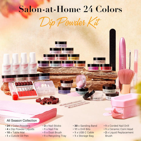 Dip Powder Nail Kit With Portable Electric Drill 24 Color Dip Powder Set In Summer Greens Pinks Oranges Includes Base Coat Activator Top Coat Brush Saver Liquids 11 Drill Bits 10 Table Mats Ceramic Bit French Nail Art Essentials displayed with all kit contents