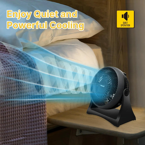Compact Wall Mounted Desk Fan With TurboForce Airflow For High Velocity Cooling Three Speeds Quiet Operation And Fully Adjustable Tilt Perfect For Home And Office displayed on a bedside table with airflow