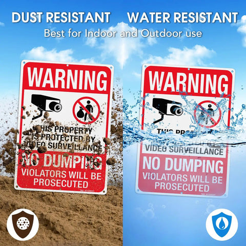 Heavy Duty No Dumping And Video Surveillance Warning Signs 2 Pack 14 X 10 Inch Reflective Aluminum Plate in dust and water.