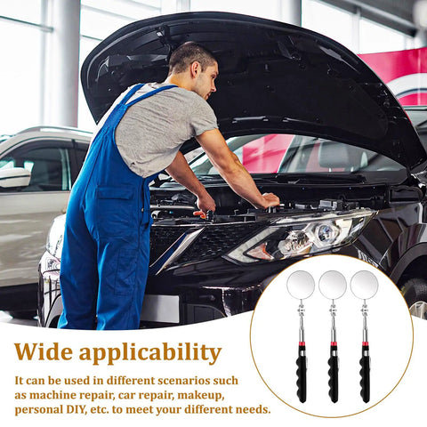 Mechanic using Six Piece Telescoping Inspection Mirror Set With Retractable Long Handles Extendable Up To 29 Inches 360 Degree Rotating Under Vehicle Mirror Durable Anti Rust Metal For Technicians Mechanics And Contractors to inspect car engine.