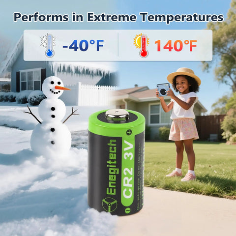 Solid As A Rock Cr2 Lithium Batteries 3V Non Rechargeable Cells Delivering Decade Long Reliable Juice Perfect For Rangefinders Nest Thermostats Smart Switches And Instant Fuji Cameras Two Pack Setup in extreme temperature setting with snowman and child holding camera.