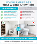 Comparison of floor to ceiling grab bar vs wall grab bar, highlighting no-drill feature for seniors' bath safety support.