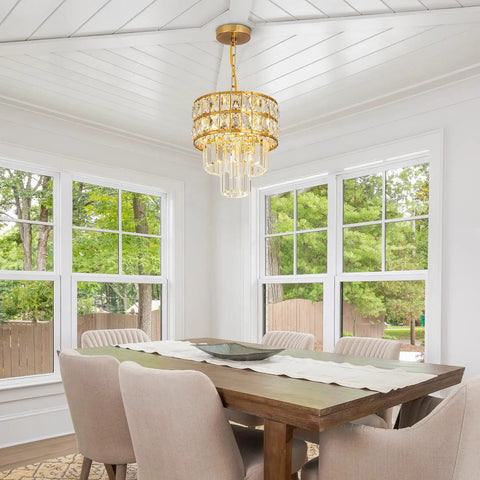Crystal Chandelier Gold Pendant Light With Color Changing Bulb Modern Mini Round Fixture in dining room setting