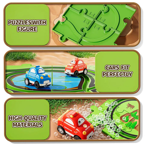 Awesome 48 Piece Puzzle Race Track Car Set For Kids Ages 3 4 5 6 7 8 With City Themed Tracks 6 Road Signs And 2 Cars AA Battery