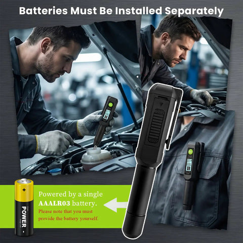 Heavy Duty Brake Fluid Tester Pen With Digital LCD Screen and Robust Metal Probe used by mechanic checking brake fluid moisture levels.