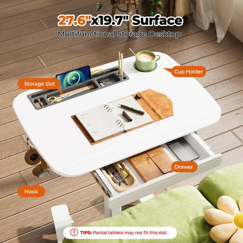 Adjustable Height Rolling Desk With Drawer Swivel Casters Mobile Standing Workstation Slides Under Low Sofa And Bed Smooth Glide Design Zero Hassle Home Office Setup Total Flex For Your Space with storage slot, cup holder, and drawer.
