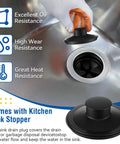 Heavy Duty Twist Lock Garbage Disposal Flange Kit Designed For Hassle Free Kitchen Sink Drain Replacement Plus Super Breezy Home Upgrade With Sleek Silver Finish with black sink stopper in sink.